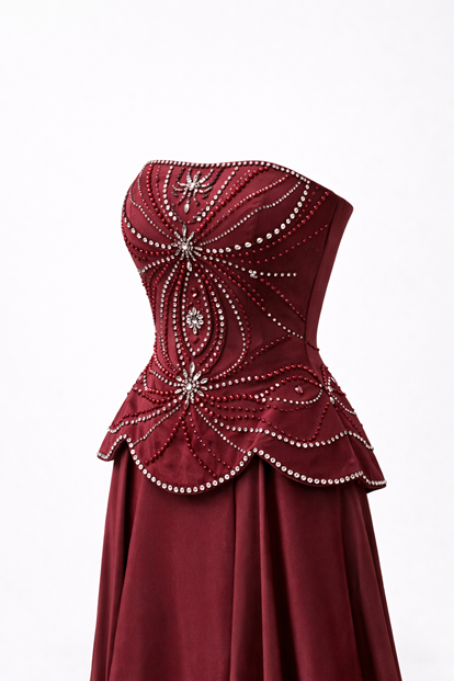 Burgundy Strapless Embroidered Satin Evening Dress